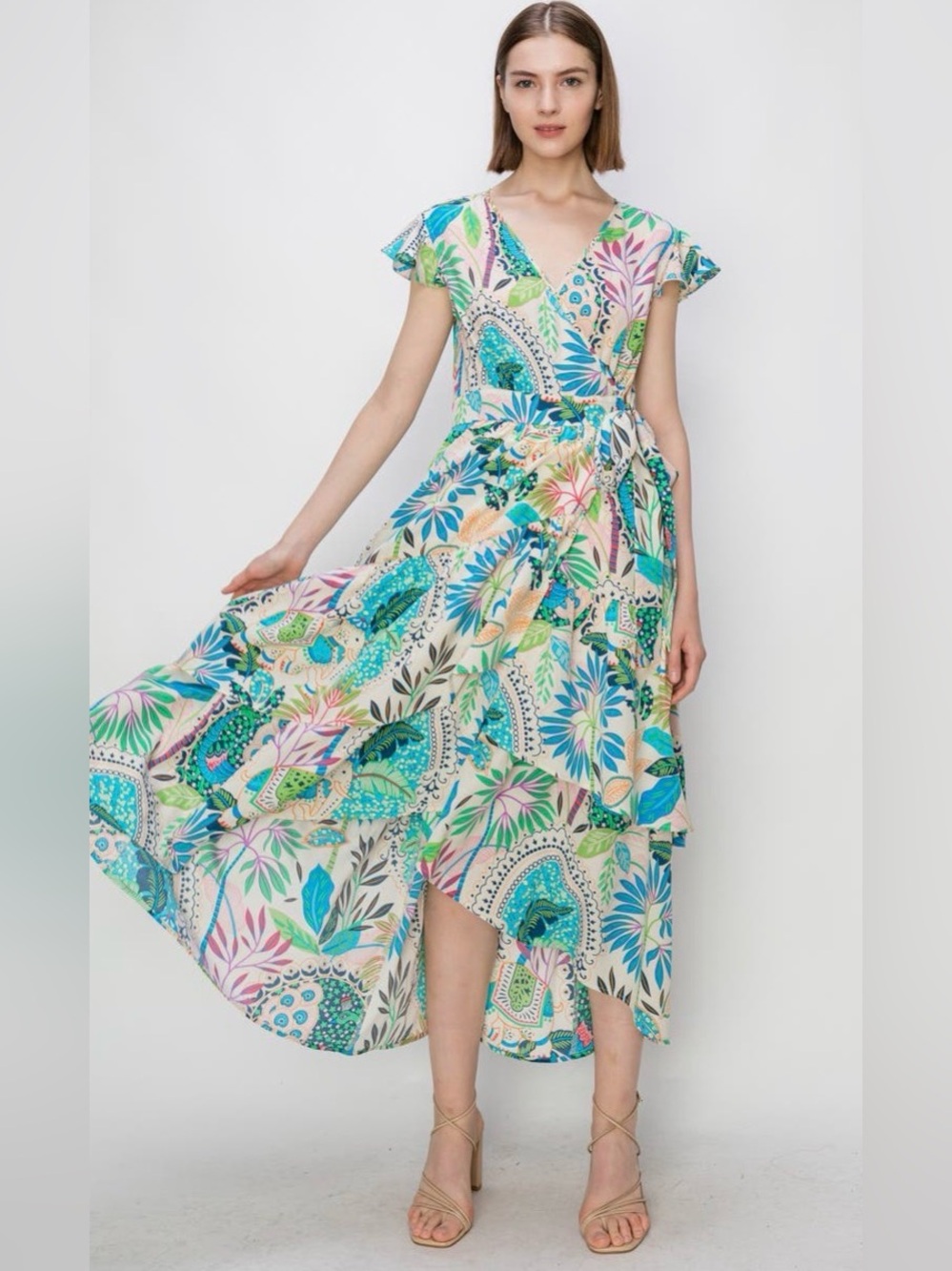 MELLODAY Blue and Green Floral High Low Dress